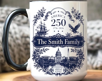 America 250 Personalized Mug, Custom Toile de Jouy Coffee Cup, 1776-2026 Patriotic Gift, Unique Gift for Dad, 11oz 15oz Ceramic Mug