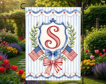 Personalized Patriotic Monogram Garden Flag, Custom Initial Flag, Preppy USA Flag Decor, 4Th Of July Yard Flag