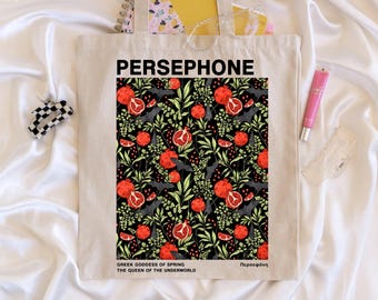 Bolso tote floral Perséfone – Bolso de lona inspirado en la mitología griega, bolso tote estético floral para amantes de los libros, regalo de la diosa Perséfone para lectores.