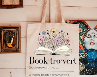 Booktrovert Definition Tote Bag, Vintage Floral Bookish Canvas Tote, Cute Reader Gift, Book Lover Aesthetic Everyday Tote