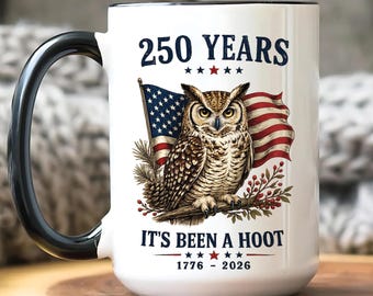 America 250 Owl Coffee Mug, Patriotic Semiquincentennial Gift
