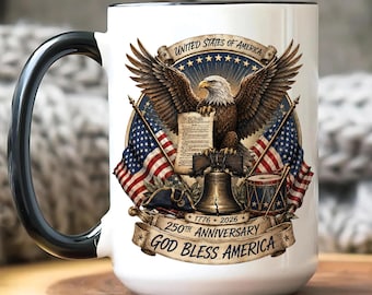 250th Anniversary God Bless America Mug, Patriotic Eagle Liberty Bell Coffee Mug, 1776-2026 Veteran Gift