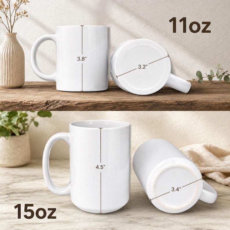 Puede incluir: Se muestran dos tazas de cer&aacute;mica blancas, una de 11 oz y otra de 15 oz. La taza de 11 oz mide 9,65 cm de alto y 8,13 cm de di&aacute;metro. La taza de 15 oz mide 11,43 cm de alto y 8,64 cm de di&aacute;metro. Ambas tazas tienen un asa.