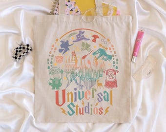 Bolso de mano de Universal Studios, bolso de lona para vacaciones en parques temáticos, bolso de viaje para cinéfilos, bolso para viajes familiares.