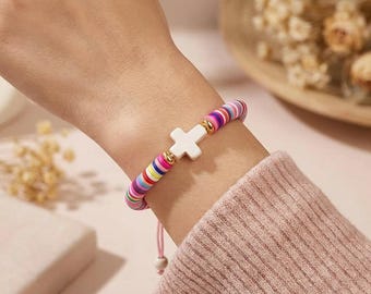 Polymer Clay Cross Bracelet for Girls, Religious Easter Basket Stuffer, First Communion Gift