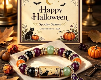 Limited Edition 2026 Halloween Beaded Bracelet, Witch Hat Cat Pumpkin Stretch Gift