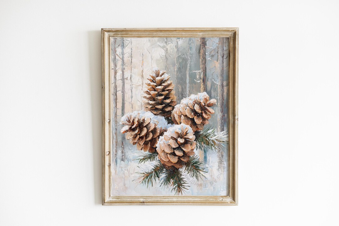 Printable Snowy Pinecone Cluster Painting - Rustic Farmhouse Winter Art ...