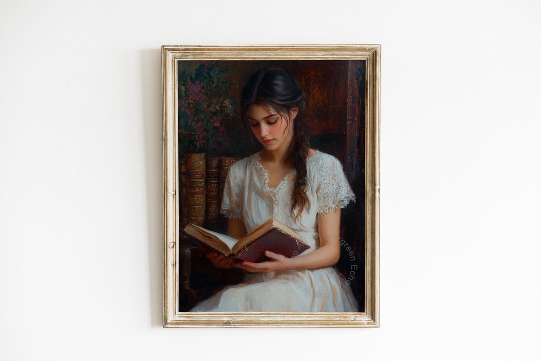Vintage Romantic Woman Reading Painting - Classic Moody Portrait Art ...