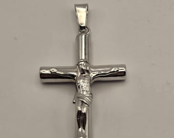 Ciondolo a crocifisso tubolare in argento sterling, croce a barra rotonda con corpo 925