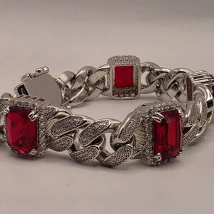 Sterling Silver Cuban Link Bracelet | Red CZ Pave Statement 9 Inch