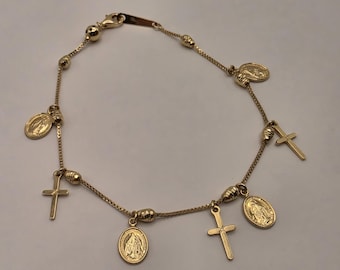 14K Yellow Gold Religious Charm Bracelet: Cross, Medallion, 7.5 Inch (4.2g)