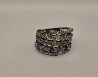 Sterling Silver Multicolor CZ Multi Row Band Ring Size 8 Rainbow Statement 925 Women 7.2g