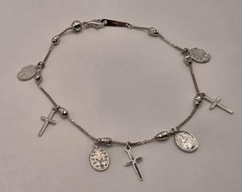 14K White Gold Religious Charm Bracelet: Cross, Medallion, 7.5 Inch (4.1g)