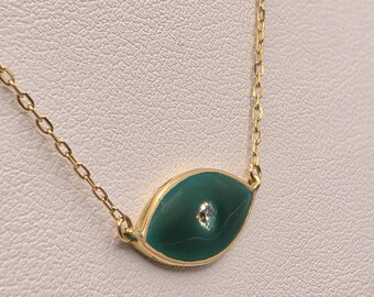 18K Yellow Gold Green Enamel Evil Eye Necklace, CZ Stone (17 Inch Chain)