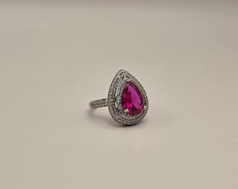 Anello in argento sterling 925 con pavé a forma di pera e zirconi rosa a doppia fila, taglia 7.