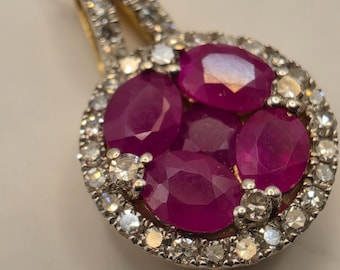 14K Yellow Gold Ruby Diamond Halo Pendant Necklace (19 Inch Chain)