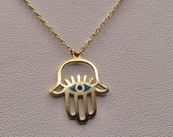 18K Yellow Gold Hamsa Hand Pendant Necklace, 16 Inch Fine Jewelry Protection Amulet