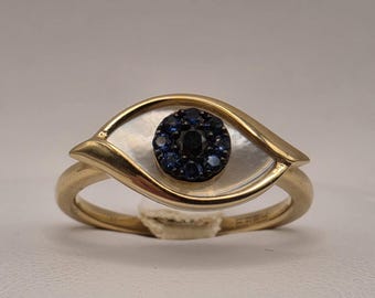 14K Yellow Gold Evil Eye Ring: Sapphire, Mother of Pearl (Size 7)