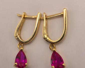 18K Yellow Gold Ruby Drop Earrings, Polished Fine Jewelry (0.75 x 0.25 Inch)