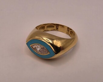 18K Yellow Gold Enamel Evil Eye Ring with Cubic Zirconia – Size 7 Protection Amulet