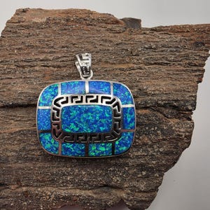925 Sterling Silver Blue Opal Pendant | Greek Key Border | Large 1.25" Statement Piece