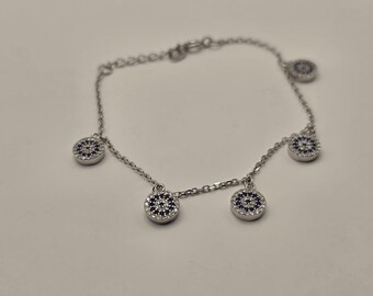 Bracciale con ciondolo a forma di occhio di Allah in argento sterling 925, catena a cinque elementi con pendente.