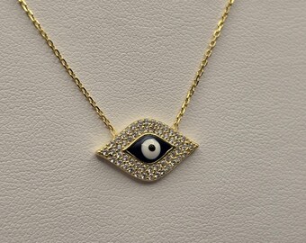 Collana con occhio di Allah in argento sterling placcato oro, con pavé di zirconi a forma di diamante, 44,5 cm (17,5 pollici) 925