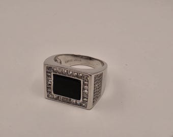 Anello con sigillo in argento sterling e onice nera, con zirconi cubici a taglio rettangolare, in argento 925, taglia 8.