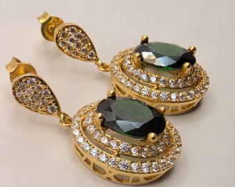 18K Yellow Gold Emerald CZ Halo Drop Earrings – Polished Fine Jewelry