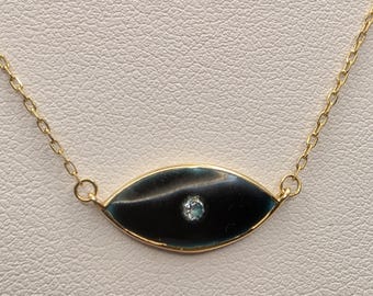 18K Yellow Gold Evil Eye Necklace: Black Enamel, CZ Stone (16.5 Inch Chain)