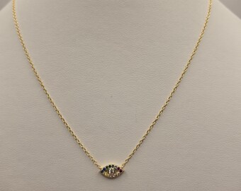 Collana con occhio di Allah in argento sterling placcato oro e ciondolo con zirconi multicolore, lunghezza 45 cm (18 pollici).