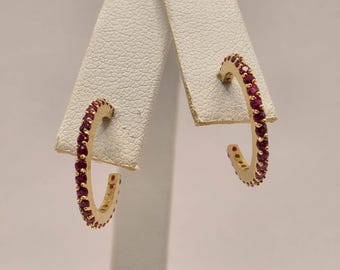 18K Yellow Gold Ruby Hoop Earrings, Polished Fine Jewelry (0.625 Inch)