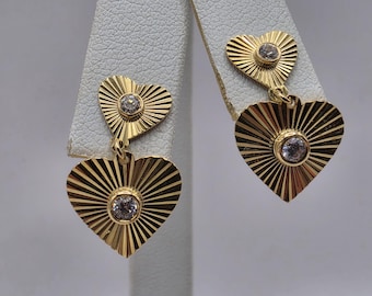 18K Yellow Gold Sunburst Heart Drop Earrings with Clear Accent Stone