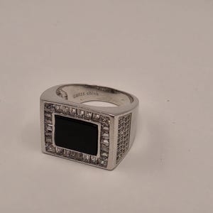 Sterling Silver Black Onyx Signet Ring, Rectangular Face CZ Accent 925 Size 8