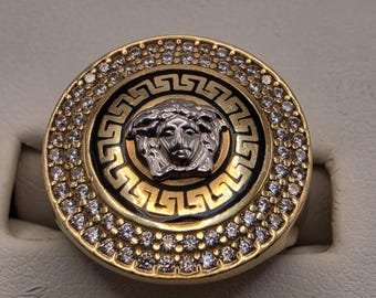 14K Yellow Gold Medusa Greek Key Ring with Cubic Zirconia – Size 7 Statement Ring
