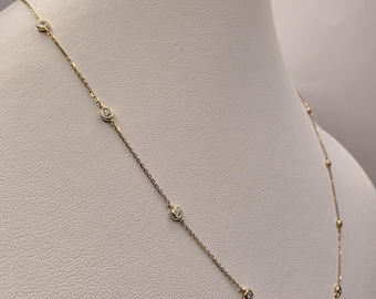 14K Yellow Gold Diamond Station Necklace, 0.15 CT Natural Diamond, 18 Inch Fine Jewelry
