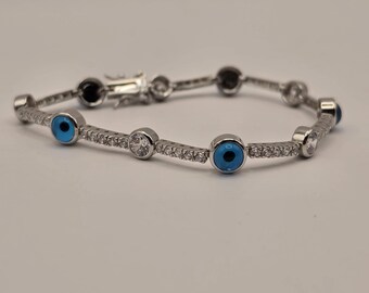 Bracciale tennis in argento sterling con occhio di Allah e zirconi cubici in smalto blu, argento 925