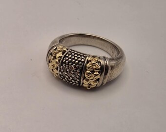 Two-Tone Sterling Silver Ring with 14k Gold Floral Accents and Pavé Band