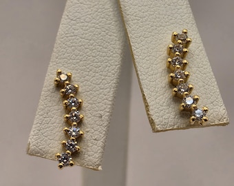 18K Yellow Gold Bar Stud Earrings with Clear Accent Stones (0.125 x 0.5 Inch)
