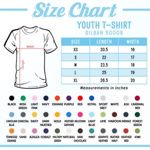 May include: A size chart for a youth t-shirt, with measurements in inches. The chart includes sizes XS to XL, with corresponding lengths and widths. Color options are listed below the chart.