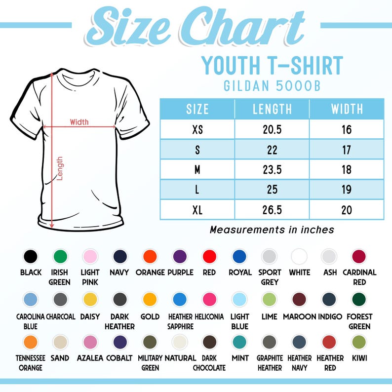 May include: A size chart for a youth t-shirt, with measurements in inches. The chart includes sizes XS to XL, with corresponding lengths and widths. Color options are listed below the chart.