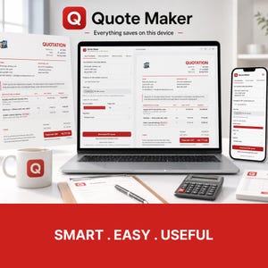 Puede incluir: Un portátil, un smartphone y un documento impreso muestran la interfaz del software Quote Maker con marca roja y blanca. Una taza blanca con un logo Q rojo, una calculadora y un bolígrafo sobre un portapapeles. El texto dice Quote Maker, SMART. EASY. USEFUL.