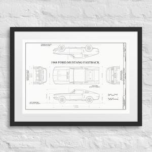 Mustang Blueprint, Mustang dimensions drawing, classic muscle car art, Ford, vintage car illustration, automotive design sketch, wall art