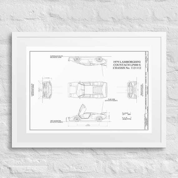 Lamborghini Countach Blueprint, Dimensions, Classic Supercar Art
