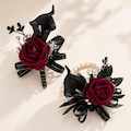 Rose Corsage  Boutonniere Set, Wedding Corsage for Bride Bridesmaid Mother, Groom Groomsmen Boutonniere, Red Black Prom Corsage for Couples