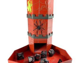 Torre de dados con temática de red de araña, juego de dados para juego de rol, accesorios para juegos de mesa de rol, hecho de plástico, fácil de montar y transportar.