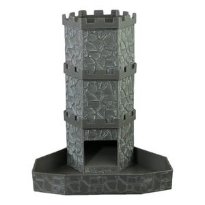May include: A gray, three-tiered castle tower with a stone-like texture. The tower has a crenelated top and a rectangular opening on the front. The base is a wide, hexagonal shape.