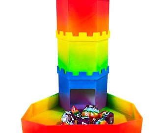 May include: A rainbow-colored dice tower and tray set. The tower is a castle design with red, yellow, and blue sections. The tray holds several multi-sided dice with colorful patterns. A fun accessory for tabletop gaming.