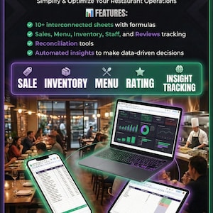 Panel de gestión de restaurantes / Plantilla de Hojas de cálculo de Google / Análisis de ventas, seguimiento de inventario, programación de personal