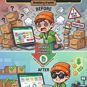 Op de afbeelding: Een illustratie voor Etsy-verkopers. De afbeelding toont een gestreste persoon voordat hij een inventarisvolger gebruikt, en een ontspannen persoon daarna. De tekst luidt: "Rozen zijn rood, mijn voorraad is een puinhoop, pak deze nieuwe tracker en verbannen de stress!"